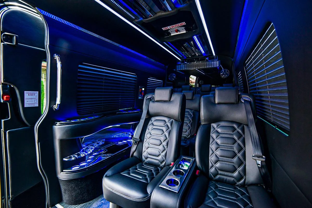 Sprinter limo interior with lounge seating